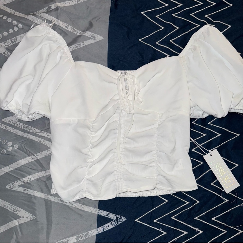 Sienna Sky White Ruched Puff Sleeve Blouse
